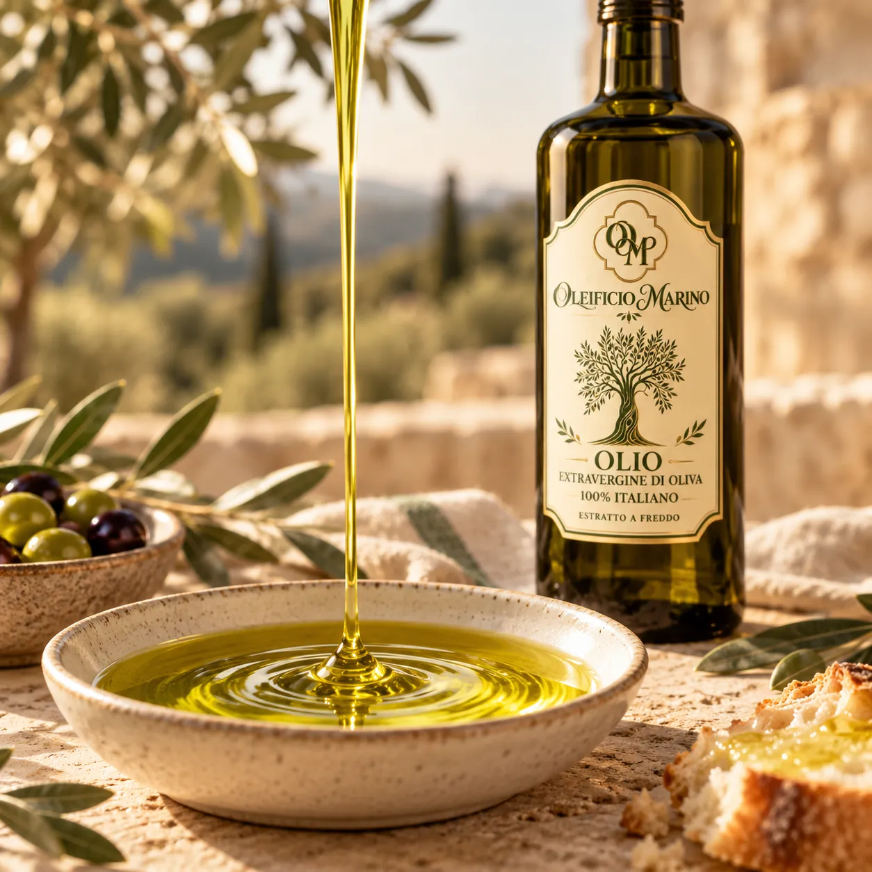 Un filo d’olio dorato che scende in una ciotola chiara, accanto alla bottiglia