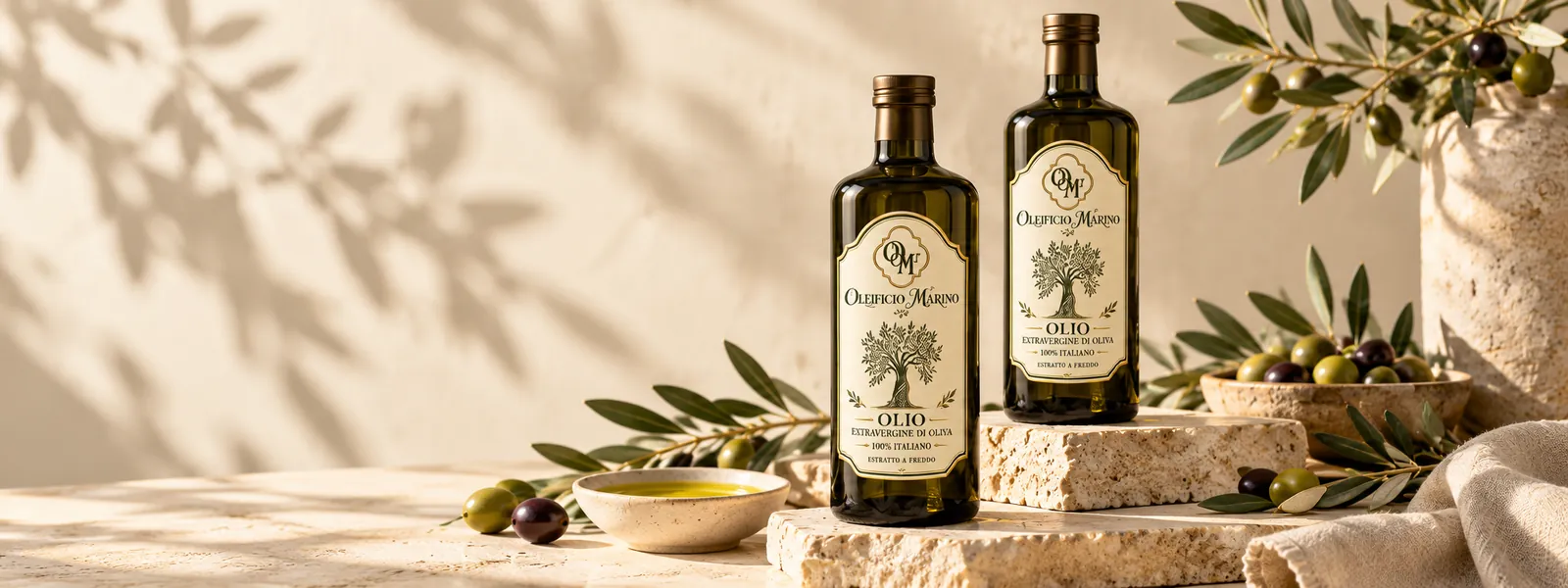 Bottiglie di olio extravergine Oleificio Marino su una pietra, con rami d'olivo e una ciotola d'olio